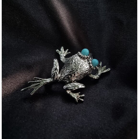 Vintage EMMONS Signed Silver Frog Faux Turquoise Eyes Brooch Pin - Picture 3 of 5